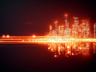 Obraz premium A vibrant city skyline at night, illuminated by glowing lights that reflect on calm waters, creating a picturesque urban scene.