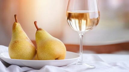Two ripe pears on a white plate beside a glass of white wine, set on a soft cloth, AI