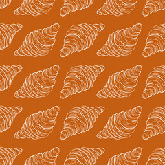 Seamless pattern with French croissant in line art style. Hand drawn pastry background for bakery design. Confectionery baking for wrapping paper, package print and cafe wallpaper.