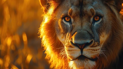 Up close and personal with perfect lion in natural habitat. Showcasing fierce and serious gaze as wild predator in exotic natural world. Animal themes wildlife concept. Copy ad text space. Generate Ai