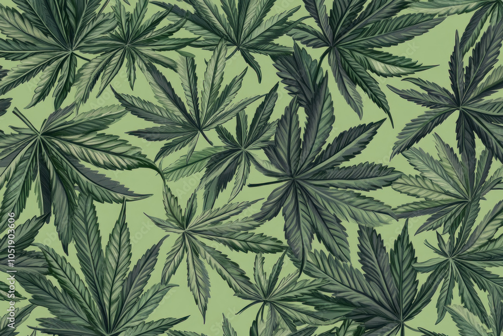 Wall mural seamless cannabis leaves pattern against a vibrant orange background, creating a bold and eye-catchi