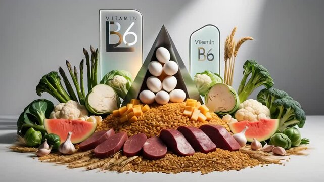 Various fresh food with the sign vitamin B6

