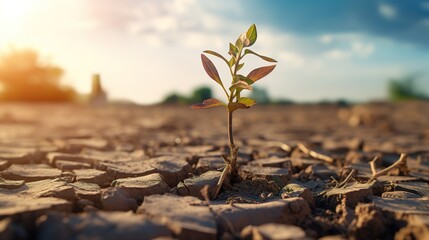 Global warming and climate changing concept. Green plant growth in cracked soil ground land.