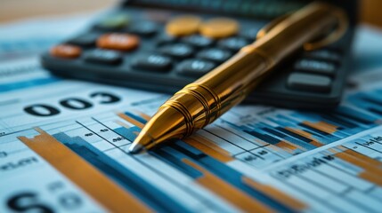 Close-up of a calculator, pen, and financial charts for analysis.