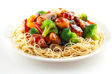Plate of Gai Joh with Rice Noodles, Vegetables, and Chicken Pieces