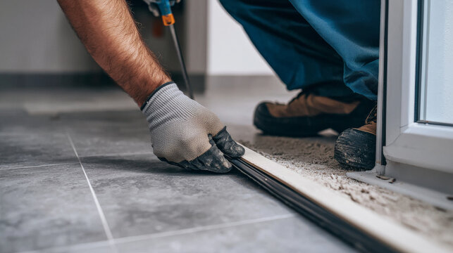 Close up of person installing self adhesive rubber weatherstripping on door frame, showcasing attention to detail and craftsmanship