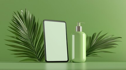 tablet and green bottle are displayed against vibrant green background with palm leaves, creating fresh and eco friendly aesthetic