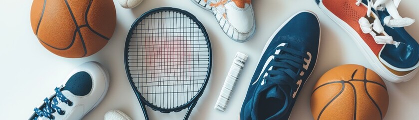 A collection of sports equipment including basketballs, a tennis racket, and athletic shoes.