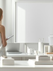 A woman standing by a large whiteboard in a cozy home office