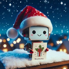 Mini ai robot dressed as Santa holding a christmas card