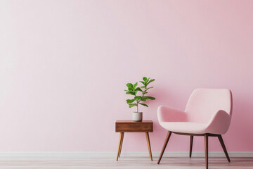 Fototapeta premium Pink chair by a lush green plant in stylish room, minimalistic decor with natural vibes.