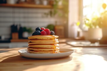 A vibrant breakfast scene featuring golden pancakes stacked high, drizzled with maple syrup, and topped with fresh berries. The background shows a sunny kitchen with a cozy, inviting atmosphere.