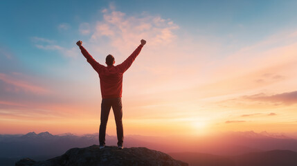 Fototapeta premium person stands triumphantly on mountain peak, arms raised in celebration against stunning sunset backdrop. scene conveys sense of achievement and freedom.