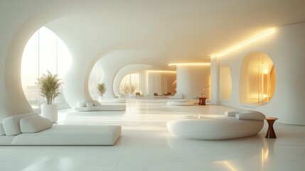 Modern, minimalist interior with soft curves and natural light.
