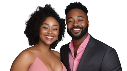 Smiling couple posing together on transparent background, man in suit and woman in pink dress