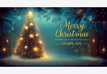 Holiday & Winter Templates: Christmas Tree with Lights & Star, Merry Christmas Message, Gold Text & Border Holiday Template Generative AI