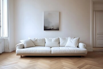 Fototapeta premium White sofa on wooden parquet. Minimalist, beautiful home interior design of modern living room and a mock up on the wall.
