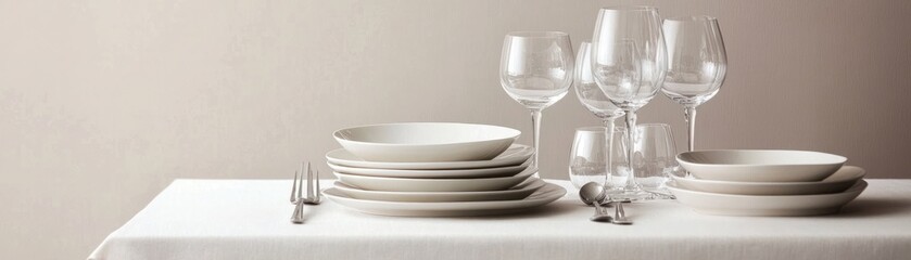 A neatly arranged dining table set with plates and glasses for a meal.