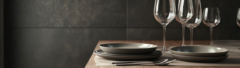 A beautifully set dining table with elegant glassware and plates.