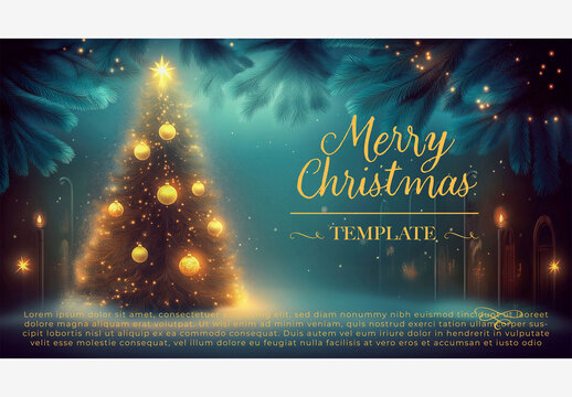 Holiday & Winter Templates: Christmas Tree with Lights & Star, Merry Christmas Message, Gold Text & Border Holiday Template Generative AI
