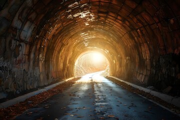 Obraz premium Abandoned industrial tunnel at sunset with sun in the background.