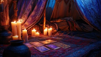 A gypsy tent illuminated by soft candlelight, where a tarot card spread lays waiting for interpretation. The atmosphere is filled with mystery and magic.
