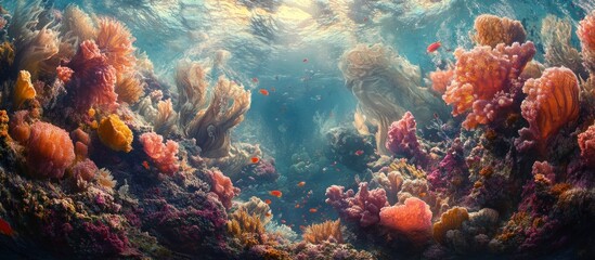 A vibrant coral reef with colorful corals and fish swimming in the clear blue water.