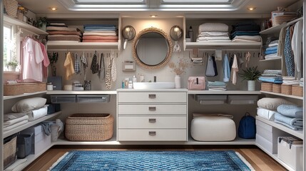 Organized closet with shelves, mirror, and neatly folded linens.