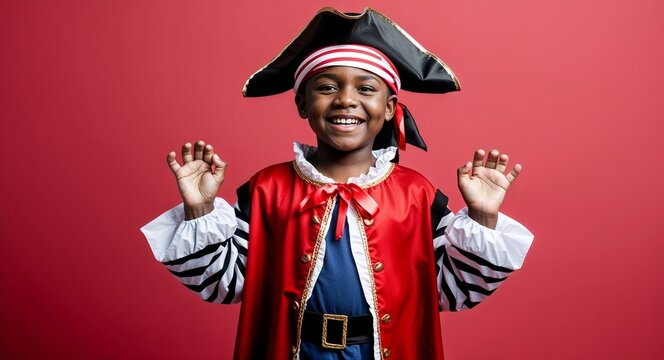 African boy dressed as a pirate adventurous grin pirate costume solid red background chubby build child - Powered by Adobe