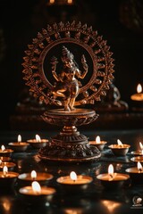 Fototapeta premium A brass sculpture of the dancing Laxmi with his hand on an oil lamp, surrounded by burning candles. In front of it is placed another golden halo with Nataraja's figure inside. The background is dark a