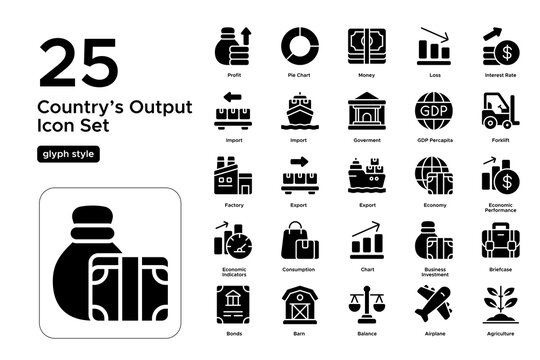 Country&rsquo;s Output Glyph Icon Set: Production Value, Industry Output, and Economic Strength Icons