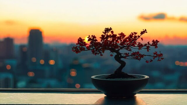 Red Bonsai tree on the windowsill. The bonsai tree in a pot on the windowsill with a blurred city background and sunset.
