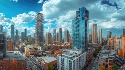 Fototapeta premium A panoramic view of an urban area with high-rises and busy streets, capturing the essence of city life and development.