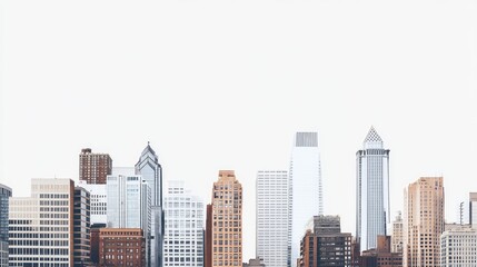 Fototapeta premium A panoramic view of an urban skyline, featuring a mix of commercial and residential buildings with a white background to emphasize structure and form.