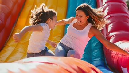Inflatable Pillow Fight Fun: Adult Women Bring Cheer to Outdoor Amusement Park