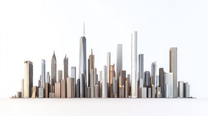 A panoramic view of modern skyscrapers and city buildings, isolated against a clean white background, showcasing urban architecture in detail.