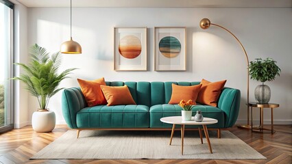 Fototapeta premium Teal Curved Sofa with Orange Pillows in Scandinavian Style Living Room - Modern Interior Design, White Wall, High Depth of Field, Cozy Atmosphere, Aesthetic Decor