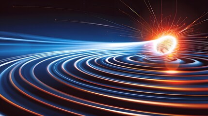 Fototapeta premium Scientific visualization of a magnetic field with glowing lines and directional arrows illustrating the flow of magnetic force around a central object. Energy,abstract,universe,mystery,physics researc