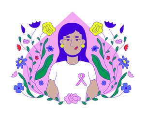 Obraz premium Indian woman promoting breast cancer awareness 2D illustration concept. Mammogram campaign. South asian female wearing pink ribbon cartoon character isolated on white. Metaphor abstract flat vector