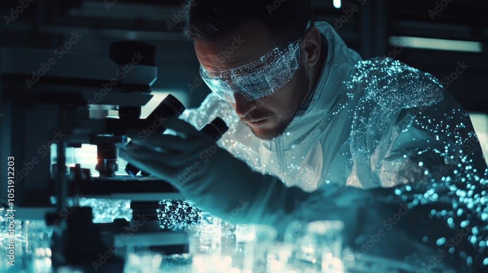 Poster a scientist in a lab coat and safety goggles looks through a microscope, examining a sample.