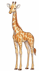 Obraz premium A simple, cute drawing of a giraffe for kids, with a long neck, big friendly eyes, and small horns.