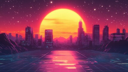 Obraz premium Retrofuturistic landscape in 80s sci-fi style. Retro science fiction scene with futuristic buildings. Generated AI.