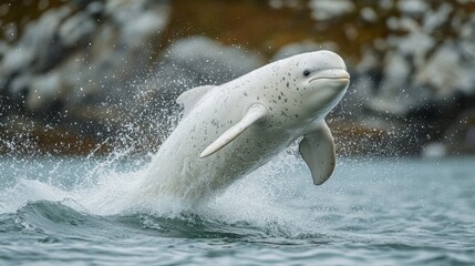 Beluga whale leaping playfully, scattering water droplets in an arctic sea setting, photorealistic