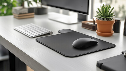 Modern room with laptop. A black mouse pad sits on a desk with a keyboard and a potted plant