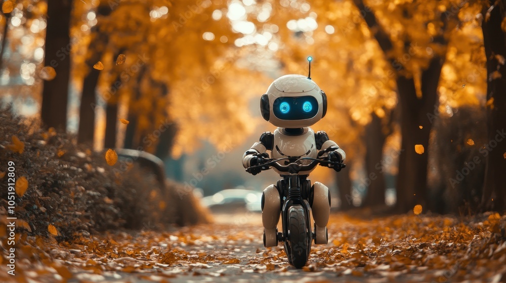 Poster happy humanoid robot rides a bicycle along the autumn alley. robotic object experiences feelings and