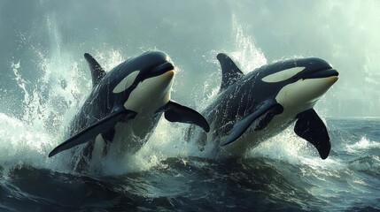 Obraz premium A pod of playful orcas breaching together, sending up massive sprays of water as they create waves in the calm sea, photorealistic
