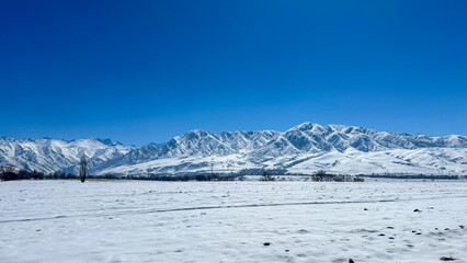 Footprints on a snowy plain in the mountains of Kyrgyzstan. Clear skies and snow-covered peaks create an atmosphere of calm and vast open spaces.