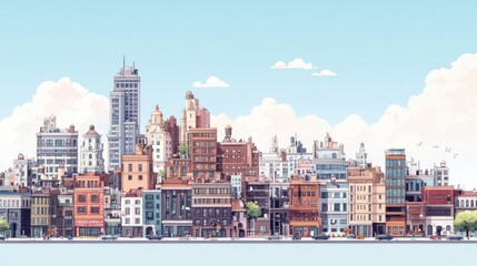 Obraz premium A sprawling panorama of city buildings with varying architectural styles, showcasing the growth and evolution of an urban landscape.