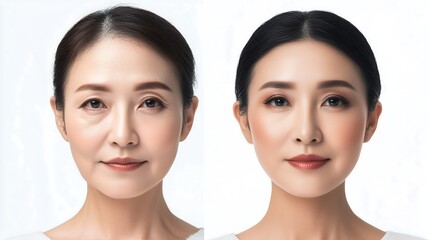 Side-by-side photo comparison betweenyoung and old asian woman face. 