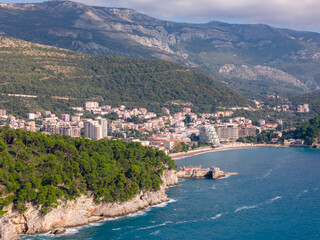 Aerial drone photo of the coastal town named Petrovac in Montenegro.